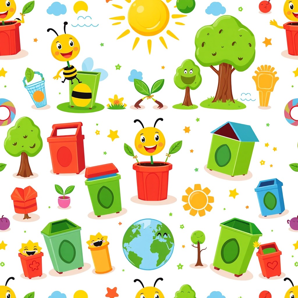 A vibrant, seamless 3-D cartoon pattern featuring Sunny the Solar Bee, Sprout the Leaf Buddy, colorful recycling bins, a smiling Earth character, cheerful trees, and radiant sunshine