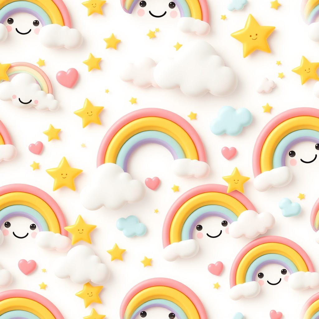 A seamless 3D cartoon pattern featuring whimsical rainbows, fluffy clouds, shining stars, and smiling hearts