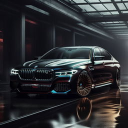 A captivating 8K resolution and 1080HP image of a new, luxurious BMW designed by Maybach. This vision incorporates a BMW M5 air vent in front, sharp exterior architecture and is set against the drama of a rain-soaked backdrop.