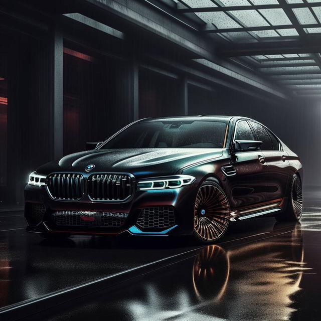 A captivating 8K resolution and 1080HP image of a new, luxurious BMW designed by Maybach. This vision incorporates a BMW M5 air vent in front, sharp exterior architecture and is set against the drama of a rain-soaked backdrop.