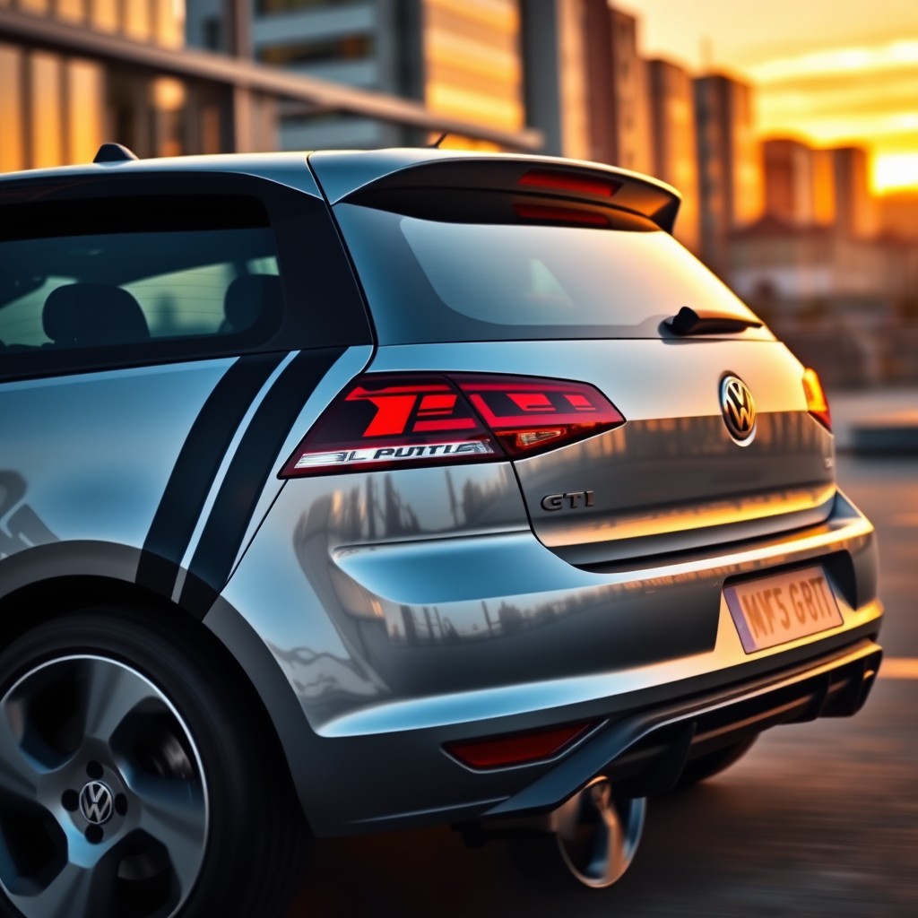 A stylized image of a Golf 5 GTI, showcasing a sleek design with matte black vertical inclined stripes prominently placed on the back part of the car, just above the rear wheel zone