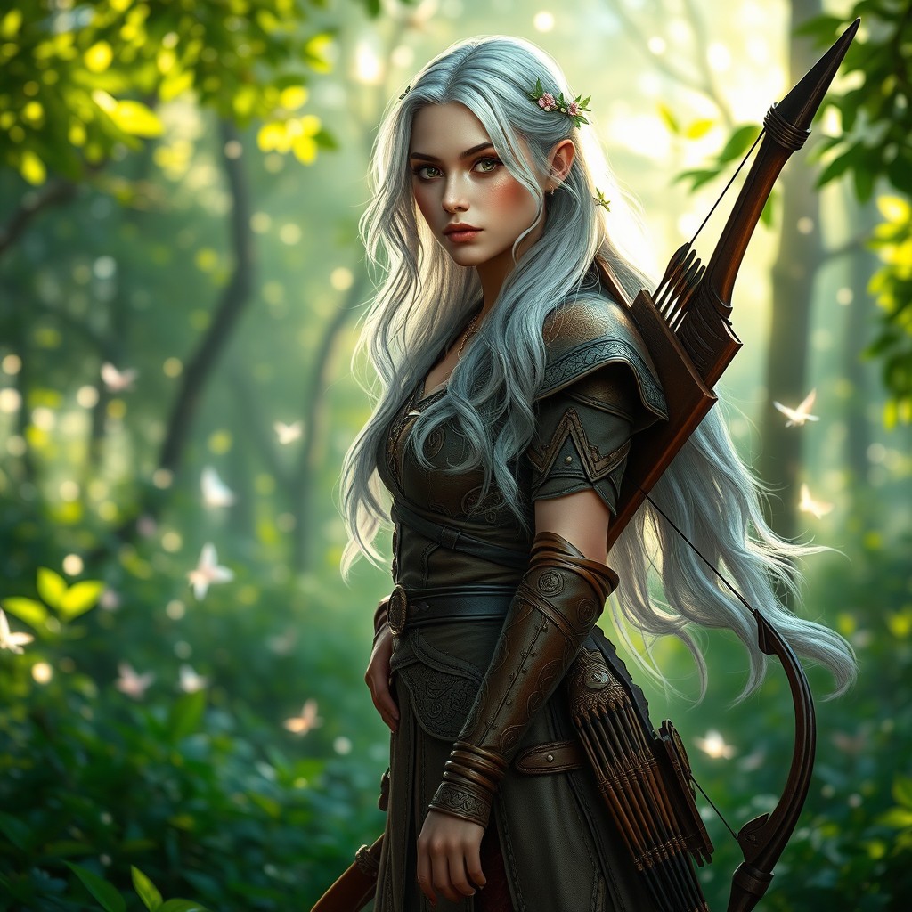 A female Aasimar ranger standing gracefully in a lush, enchanted forest
