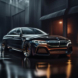 A captivating 8K resolution and 1080HP image of a new, luxurious BMW designed by Maybach. This vision incorporates a BMW M5 air vent in front, sharp exterior architecture and is set against the drama of a rain-soaked backdrop.