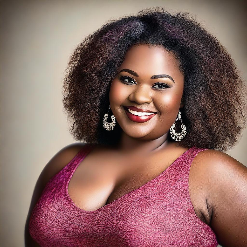 This high-resolution photograph captures a beautiful, young African American woman with a plus-sized figure