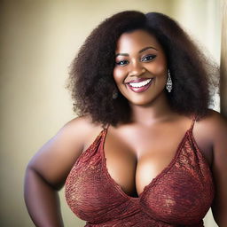 This high-resolution photograph captures a beautiful, young African American woman with a plus-sized figure