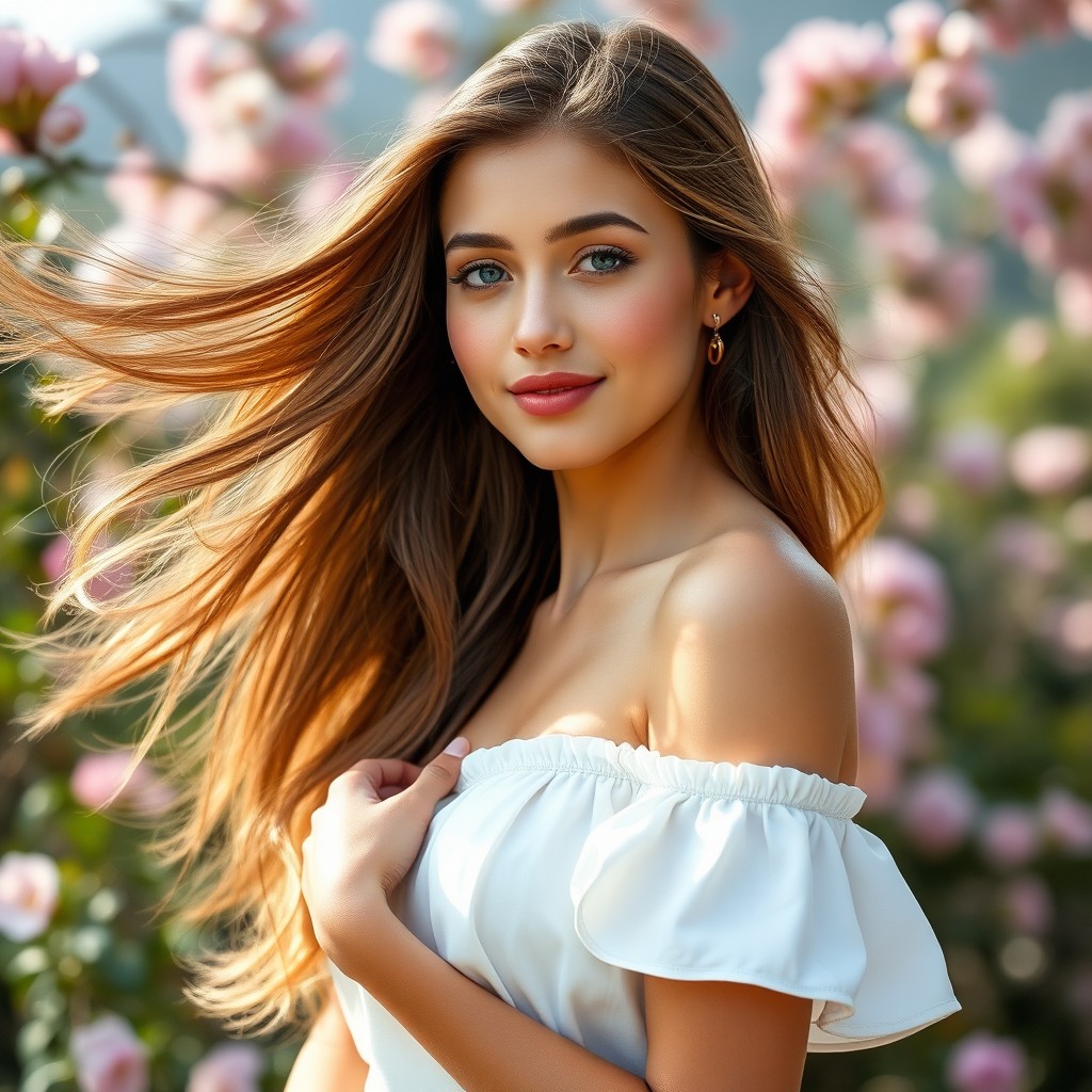 A beautiful young woman posing elegantly, showcasing confidence and grace, with flowing hair and a gentle smile