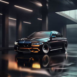 A captivating 8K resolution and 1080HP image of a new, luxurious BMW designed by Maybach. This vision incorporates a BMW M5 air vent in front, sharp exterior architecture and is set against the drama of a rain-soaked backdrop.