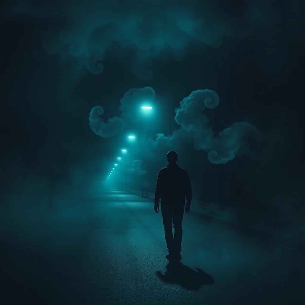 A surreal nighttime scene depicting a solitary figure walking down an empty street under dim streetlights casting long shadows