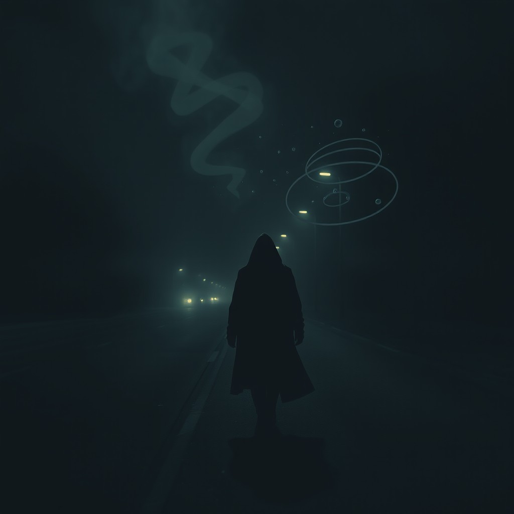 A haunting nighttime scene portraying a solitary figure, shrouded in shadow, walking down a deserted street illuminated by dim streetlights
