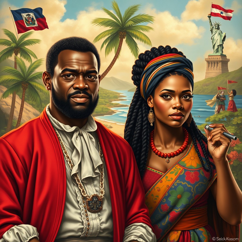 An artistic depiction of two central figures of the Bouckman Revolution: Bouckman, a strong, confident leader with a determined expression, wearing traditional 18th-century Haitian attire, and Pauline, a fierce and empowered woman by his side, dressed in vibrant clothing symbolizing their heritage