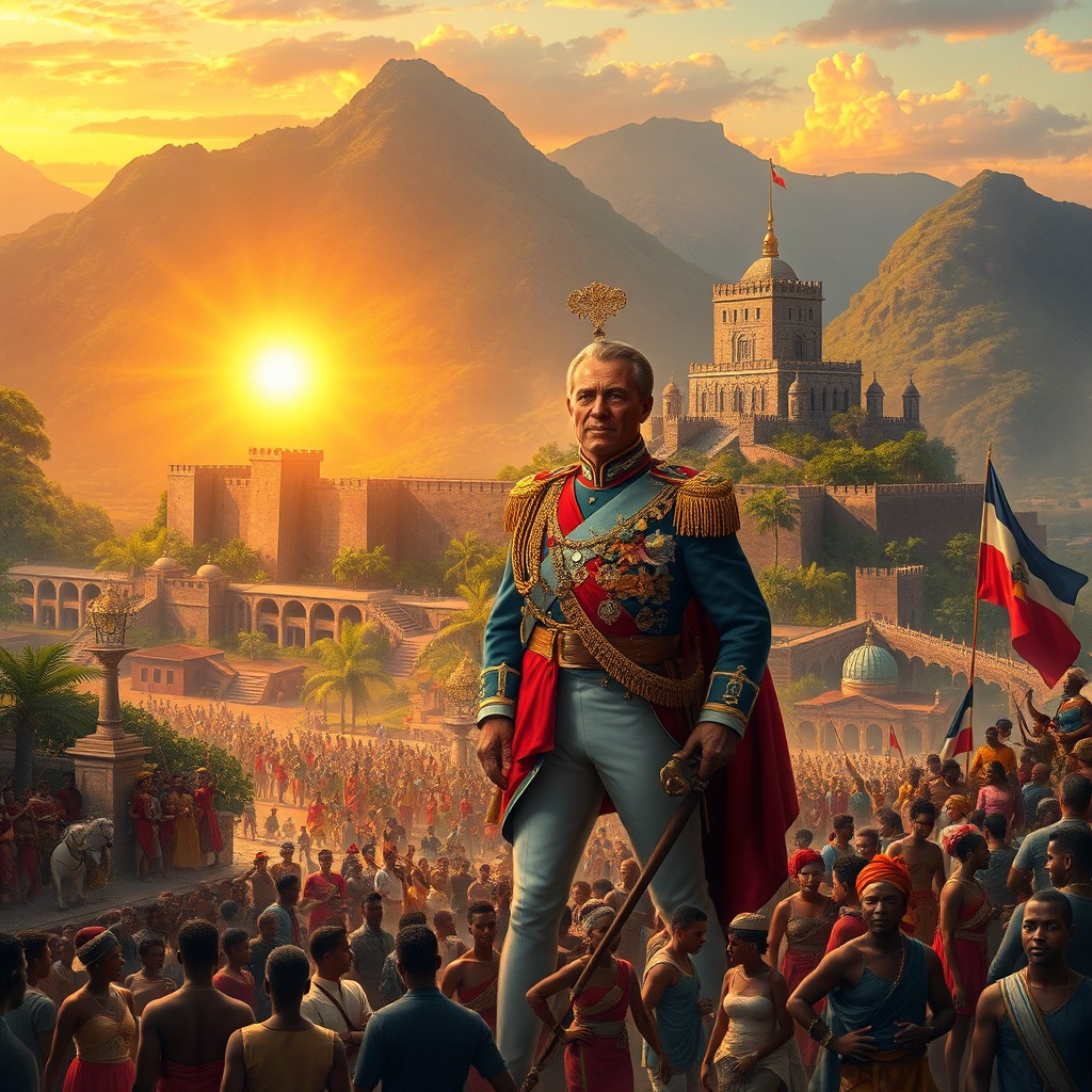 A grand and majestic portrayal of the Kingdom of Henri Christophe, showcasing its architectural wonders such as the impressive Citadelle Laferrière, set against a backdrop of the lush, mountainous terrain of Haiti