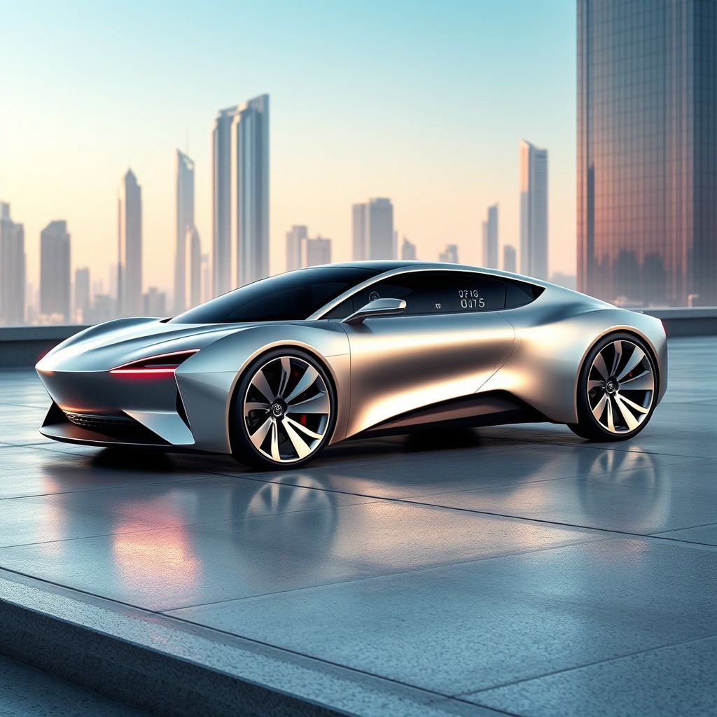 A sleek, futuristic car design inspired by Apple, featuring smooth curves, a metallic finish, and minimalist styling elements