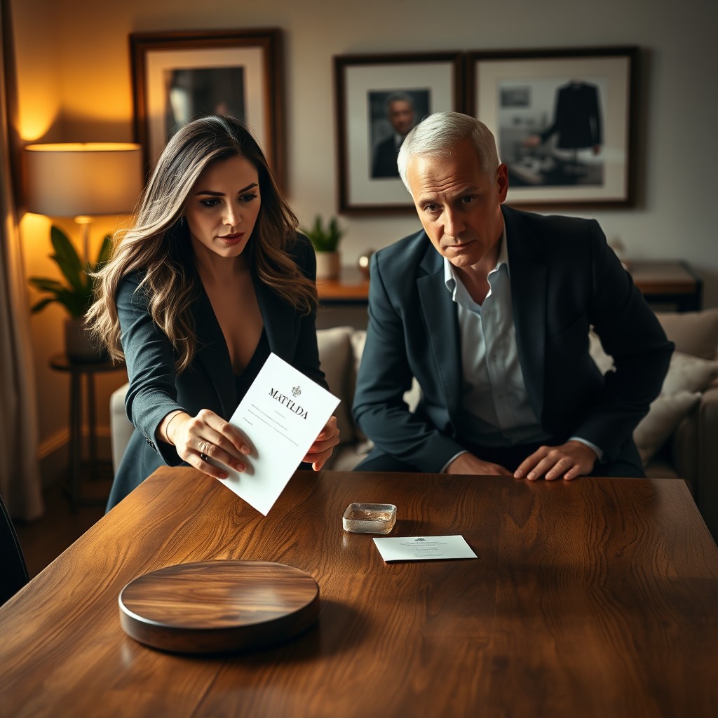 A dramatic scene where a woman named Matilda, with an elegant appearance, throws an invitation card onto a stylish wooden table in front of her husband