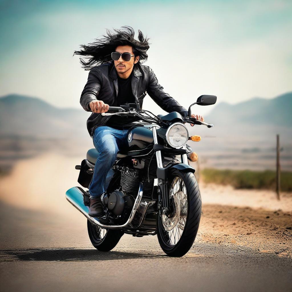 A young Pakistani man, vibrant and full of spirit, astride a dynamic Yamaha YBR G limited edition motorcycle, wind teasing his hair, against an expansive backdrop.