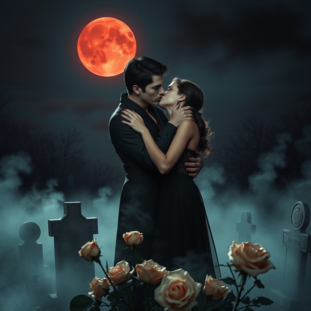 A darkly romantic scene capturing the vampire aesthetic, featuring a male vampire and a female vampire hunter embracing each other in a passionate hug beneath a striking blood moon