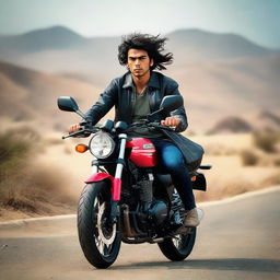 A young Pakistani man, vibrant and full of spirit, astride a dynamic Yamaha YBR G limited edition motorcycle, wind teasing his hair, against an expansive backdrop.