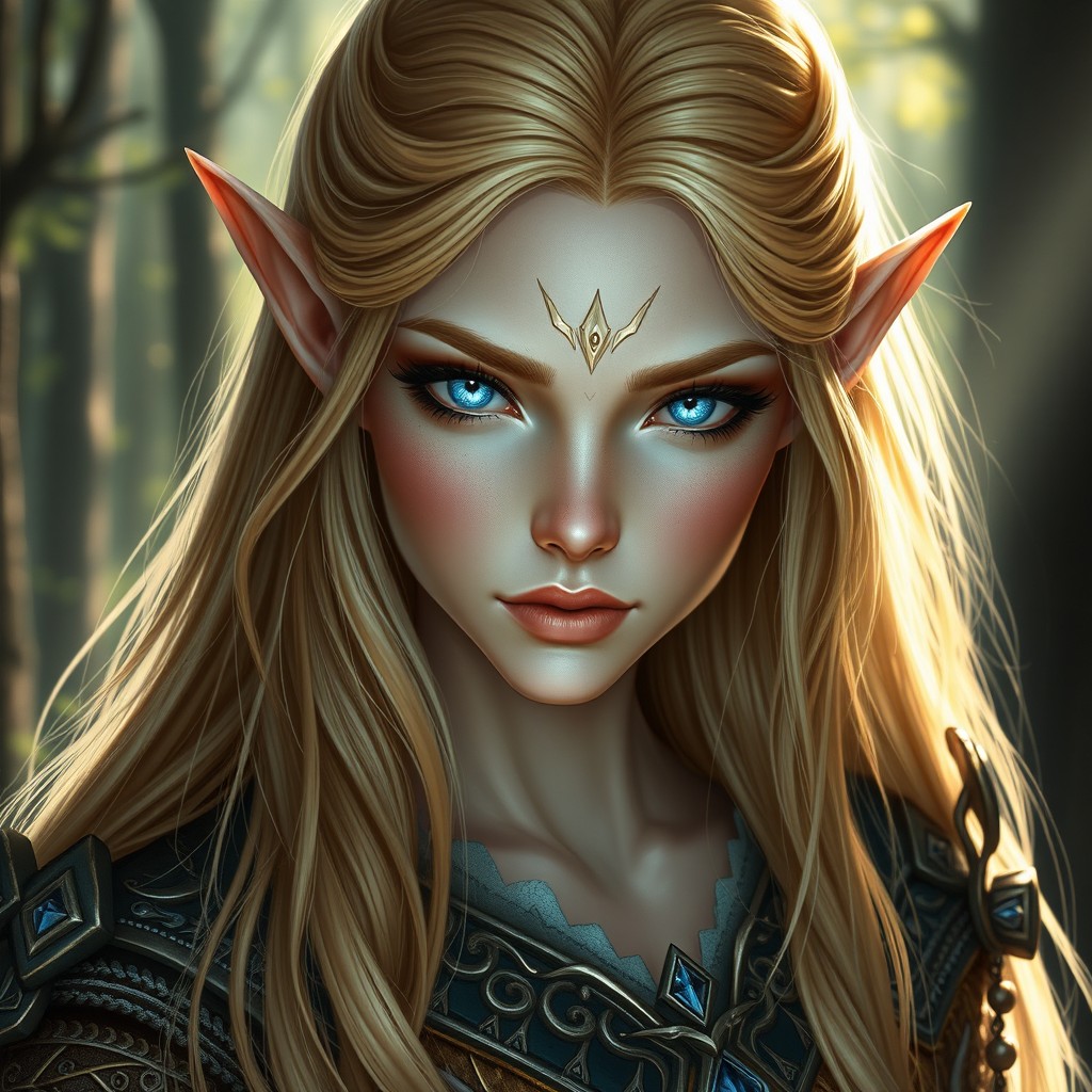 A majestic elf with a noble bearing, featuring striking diamond-like blue eyes that shine with an otherworldly brilliance