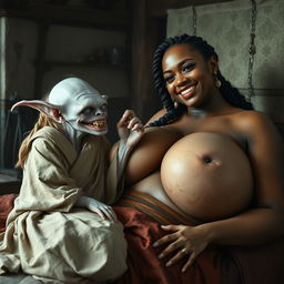 In a medieval bedroom, two characters are lying on a bed