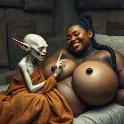 In a medieval bedroom, two beings are lying on a bed