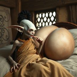 In a medieval bedroom, two beings are lying on a bed