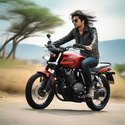 A young Pakistani man, vibrant and full of spirit, astride a dynamic Yamaha YBR G limited edition motorcycle, wind teasing his hair, against an expansive backdrop.