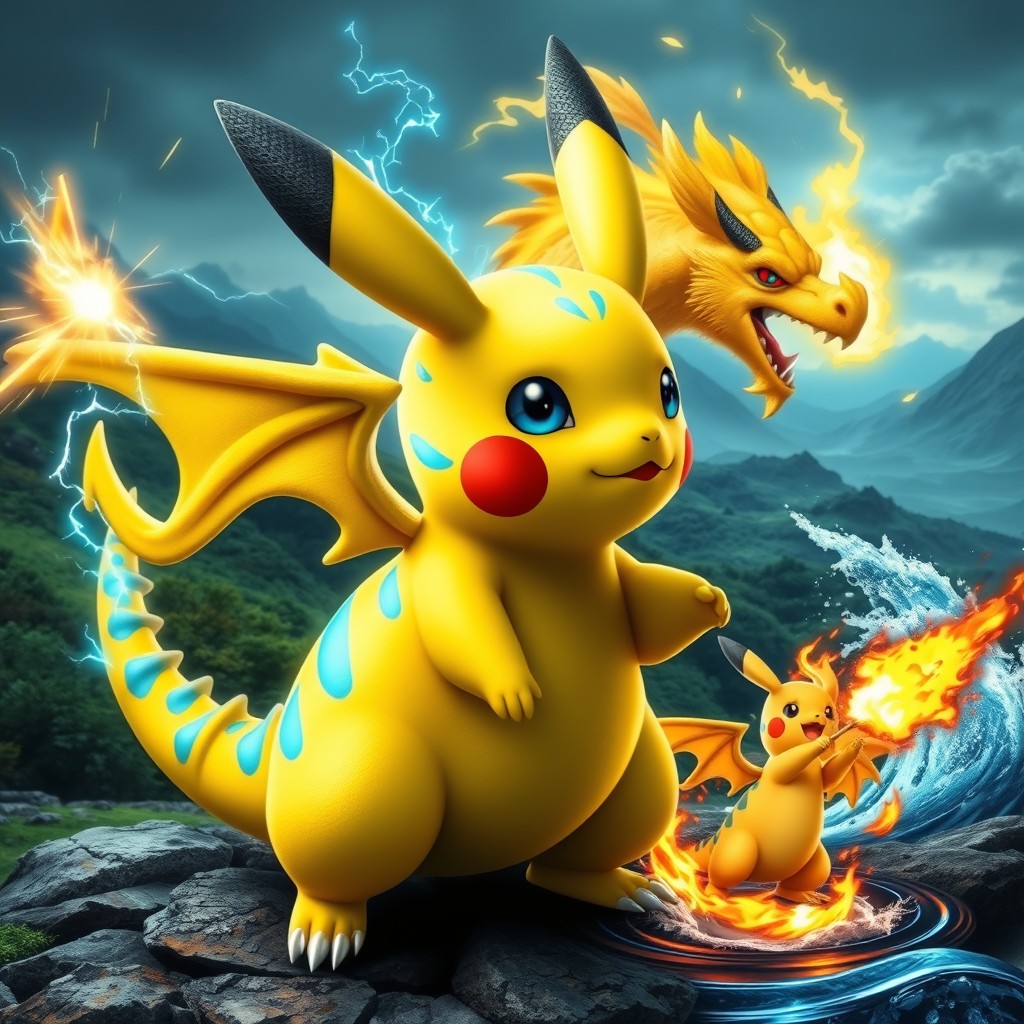A Pikachu transformed into a dragon-type Pokémon, showcasing features such as scaled skin, large dragon wings, and a long tail