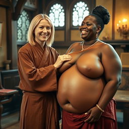 A very happy young British blonde woman, 19 years old, short in stature with a very skinny and frail body, wearing a long, fully closed Buddhist robe