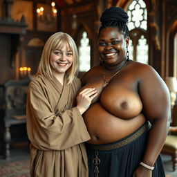 A very happy young British blonde woman, 18 years old, short in stature with a very skinny and frail body, blue eyes, wearing a long, fully closed Buddhist robe