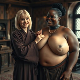 A very happy young British blonde woman, 18 years old, short in stature with a very skinny and frail body, blue eyes, wearing a long, fully closed Buddhist robe