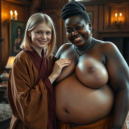 A very happy young British blonde woman, 18 years old, short in stature with a very skinny and frail body, blue eyes, wearing a long, fully closed Buddhist robe