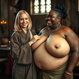 A very happy young British blonde woman, 18 years old, short in stature with a very skinny and frail body, blue eyes, wearing a long, fully closed Buddhist robe