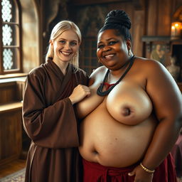 A very happy young British blonde woman, 18 years old, short in stature with a very skinny and frail body, blue eyes, wearing a long, fully closed Buddhist robe