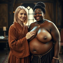 A very happy young British blonde woman, 18 years old, short in stature with a very skinny and frail body, blue eyes, wearing a long, fully closed Buddhist robe