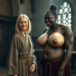 A very happy young blonde woman of British appearance, 18 years old, with a very thin and malnourished body and blue eyes