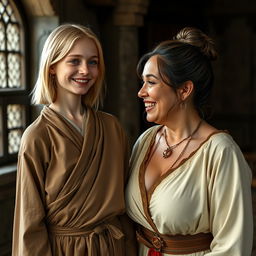 A very happy young blonde woman of British appearance, 18 years old, with a very thin and malnourished body and blue eyes, wearing a closed long Buddhist robe and having medium-length straight hair