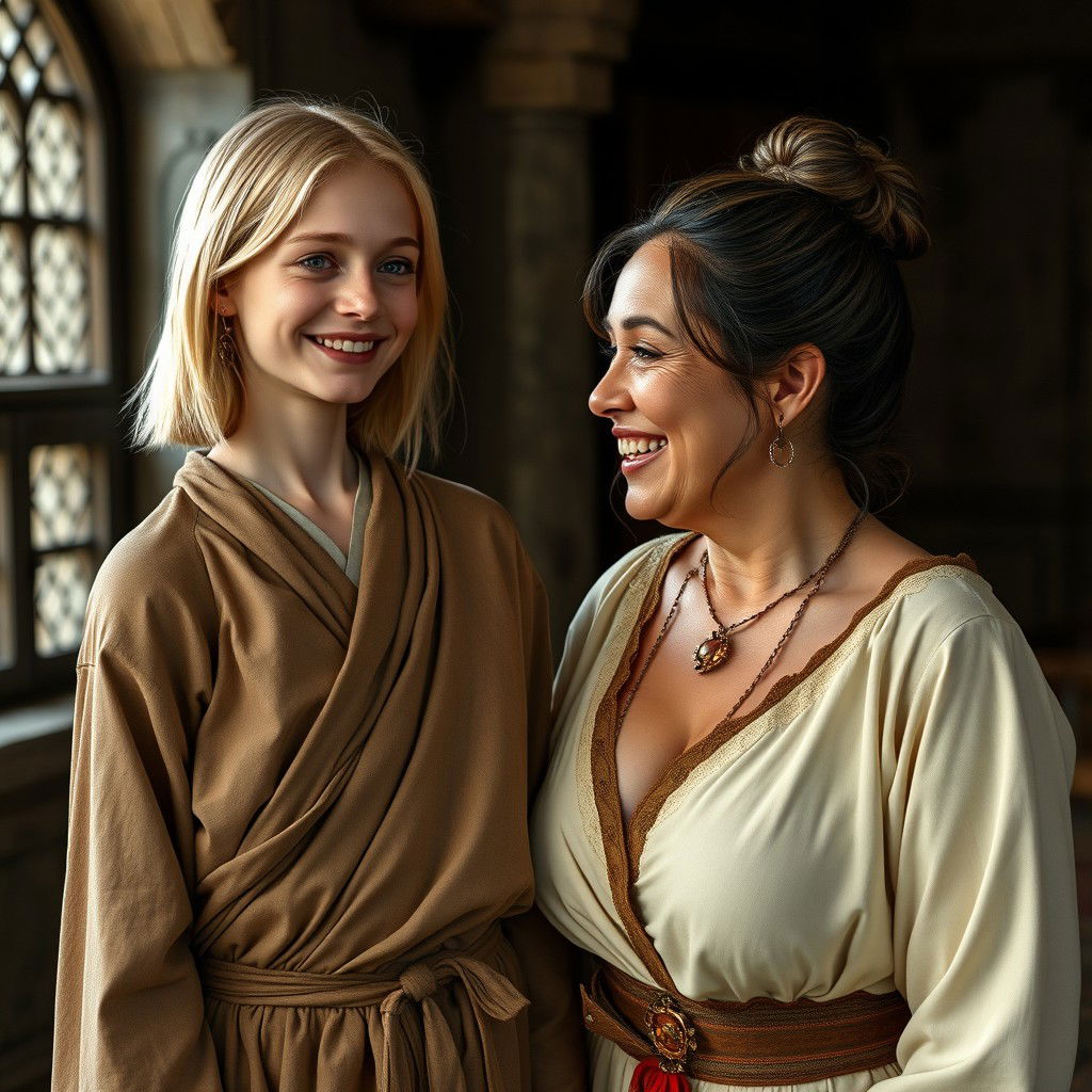 A very happy young blonde woman of British appearance, 18 years old, with a very thin and malnourished body and blue eyes, wearing a closed long Buddhist robe and having medium-length straight hair