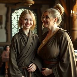 A very happy young blonde woman of British appearance, 18 years old, with a very thin and malnourished body and blue eyes, wearing a closed long Buddhist robe and having medium-length straight hair
