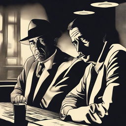 Two male detectives are seated in a dimly lit bar. One of them is thoughtfully exhaling smoke from his cigarette.