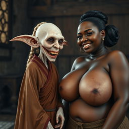 In a medieval room, an elderly female goblin is depicted as very small and albino, with pale skin and a malnourished body, showcasing rotten teeth