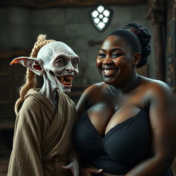 In a medieval room, an elderly female goblin is depicted as very small and albino, with pale skin and a malnourished body, showcasing rotten teeth