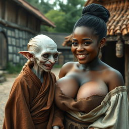 In a medieval village, an elderly female goblin is depicted as very small and albino, with pale skin and a malnourished body, showcasing rotten teeth