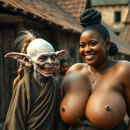 In a medieval village, an elderly female goblin is depicted as very small and albino, with pale skin and a malnourished body, showcasing rotten teeth