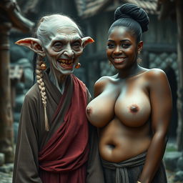 In a medieval village, an elderly female goblin is depicted as very small and albino, with pale skin and a malnourished body, showcasing rotten teeth