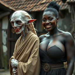 In a medieval village, an elderly female goblin is depicted as very small and albino, with pale skin and a malnourished body, showcasing rotten teeth