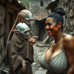 In a rundown medieval village, the scene centers around an intriguing interaction between two characters