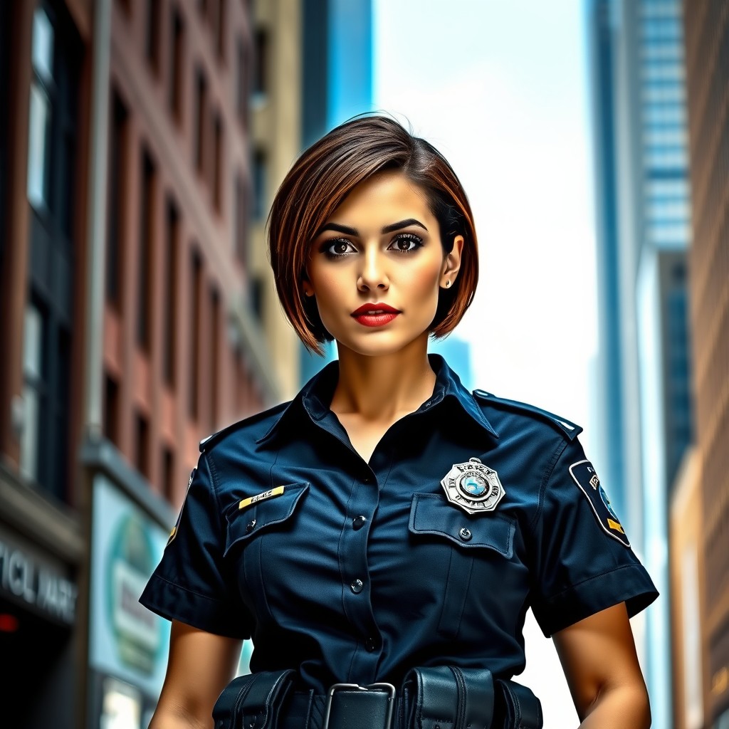 A confident female police officer standing tall in an urban setting
