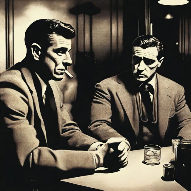 Two male detectives are seated in a dimly lit bar. One of them is thoughtfully exhaling smoke from his cigarette.