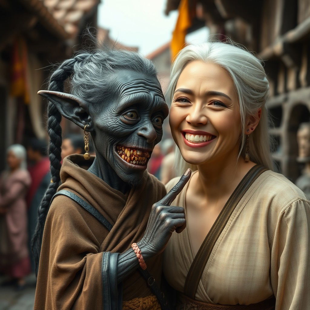 In a bustling medieval village, a tiny elderly female goblin is depicted in a vibrant scene