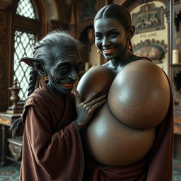 In a richly decorated medieval room, a tiny elderly female goblin is portrayed