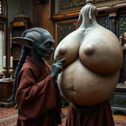 In a richly furnished medieval room, a tiny elderly female goblin is depicted